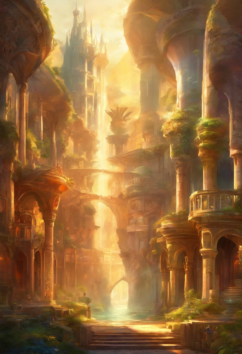 A painting of a city with a waterfall in the middle - SeaArt AI