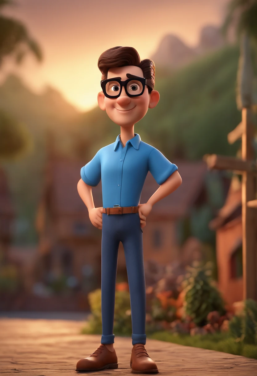 Cartoon character of a man with black glasses and a blue shirt, animation character, Caractere estilizado, animation style rendering, 3D estilizado, Arnold Maya render, 3 d render stylized, toon render keyshot, Personagem 3D, Personagem 3D, 3d rendering stylized, 3 d character render, personagem de desenho animado, Personagem de close up, Pose de personagem,  (Estilo Pixar) (master part:1.2) (Bokeh) (best quality) (pele detalhada) (textura detalhada) (8k) (argila) (Cinematic lighting) (foco nítido