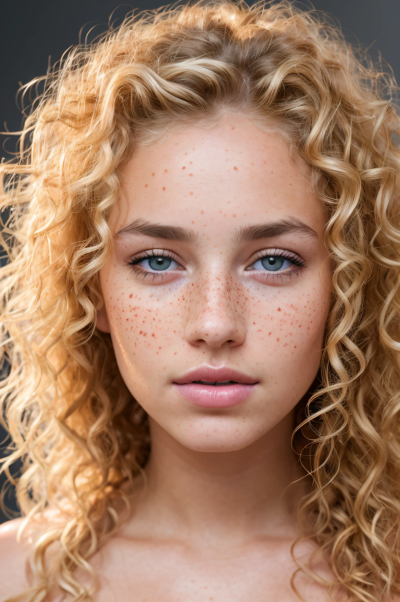 a photo portrait of a beautiful girl with curls and lots of freckles, (dirty blonde hair), (face portrait:1.5), dramatic light , Rembrandt lighting scheme, (hyperrealism:1.2), (8K UHD:1.2), (photorealistic:1.2), shot with Canon EOS 5D Mark IV, detailed face, detailed hair
