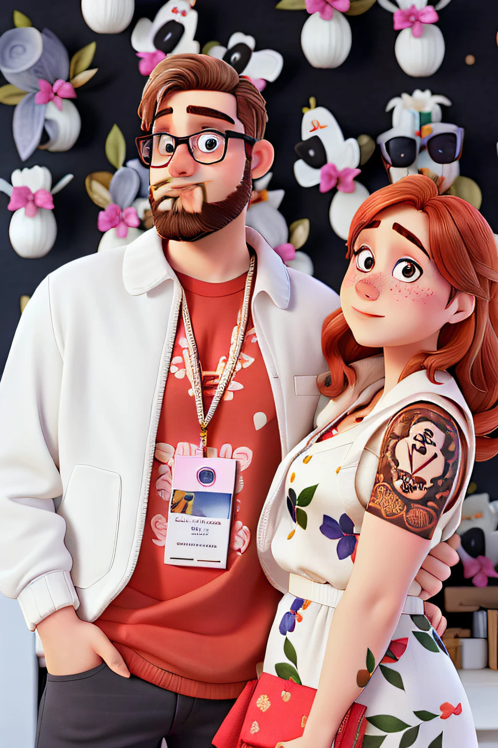 A couple white skinned man with glasses beard and brown eyes happy redhead woman white skin with freckles brown eyes with flower tattoos on arm happy