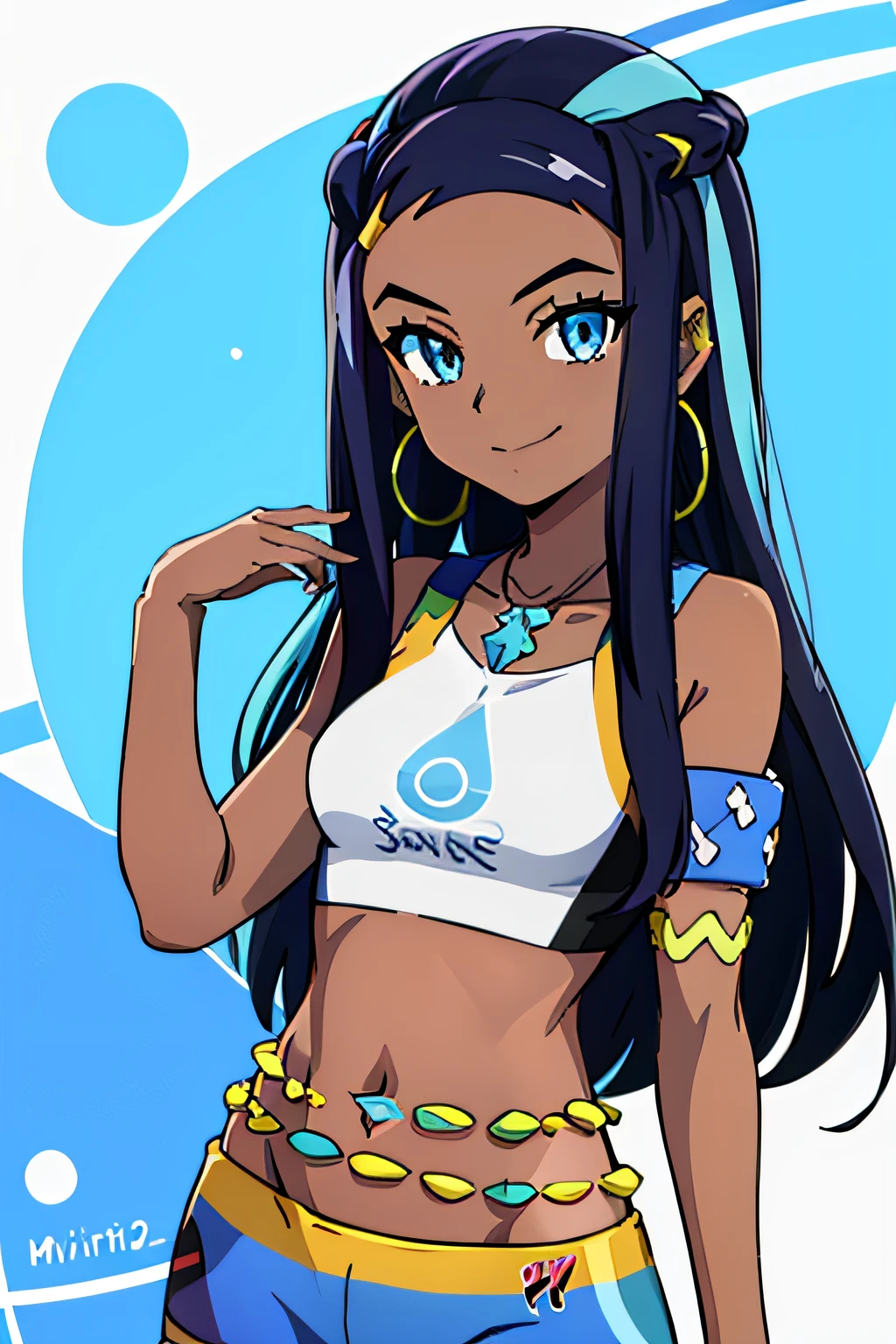 NESSA_POKEMON, 1GIRL, SOLO, DARK SKIN, BLUE EYES, BLACK HAIR, BLUE HAIR, TWO-TONE HAIR, SHORTS, CROP TOP, JEWELRY, NECKLACE, EARRINGS, BELLY CHAIN, ARMLET, MIDRIFF, facing viewer, looking at viewer, upper body, smile.