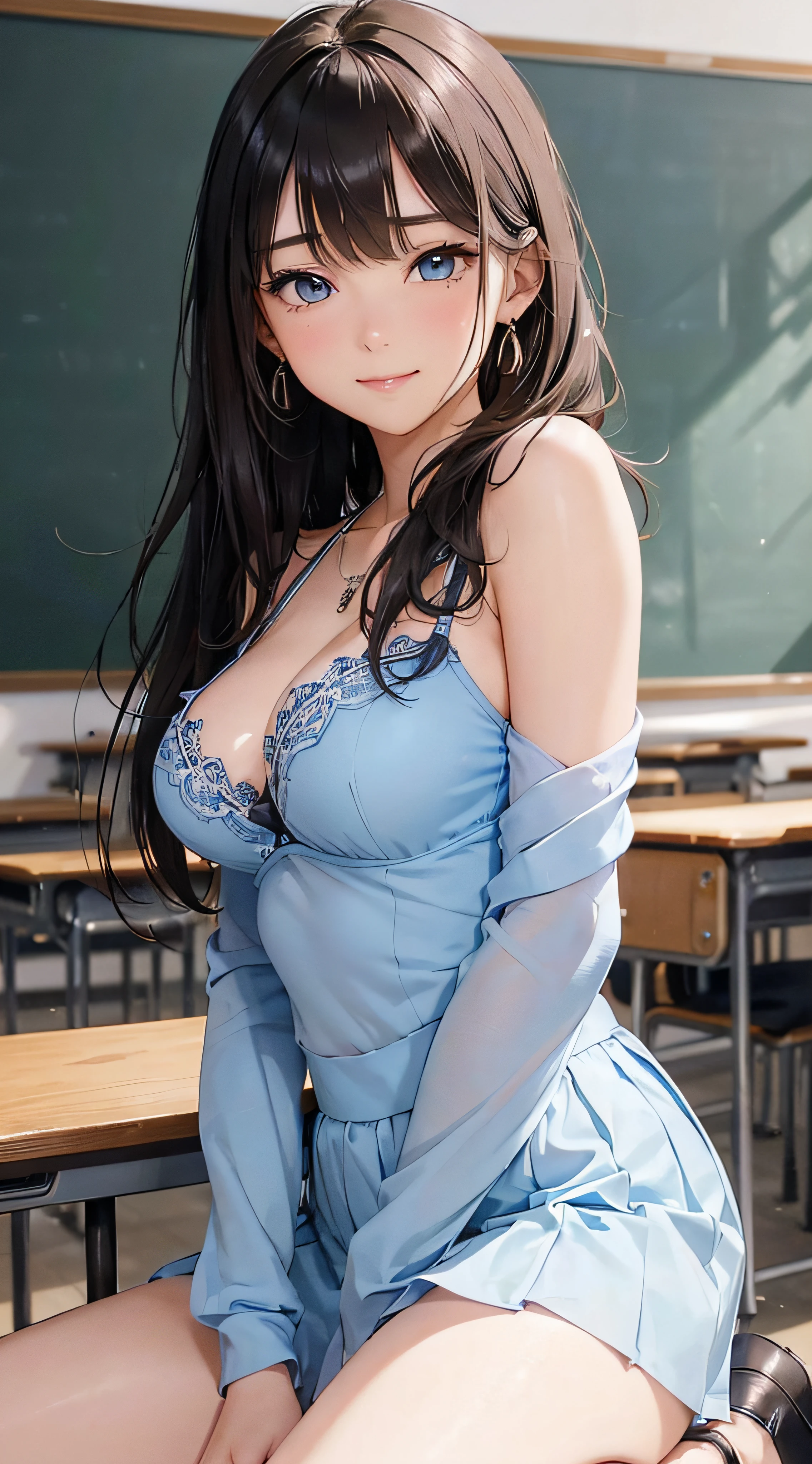 (masutepiece: 1.3), (max resolution: 1.2), (Ultra HDTV: 1.2), cinematric light, Ultra HDTV, (Detailed eyes and skin), (detailed facial features), nffsw, 8K resolution, Sharp Focus: 1.2, Perfect Style, Beautiful face, Perfect body, acurate, Anatomically correct, Highly detailed face and skin texture, Detailed eyes, Dark-blue eyes, Double eyelids, Thin eyebrows, Glitter Eyeliner: 1.2, Natural cheeks, Glossy skin, Fair skin: 1.2, shiny little necklace and earrings, (Glossy lips: 1.4), BREAK, One-person viewpoint, (She is a very cute female teacher), (Light blue lace bra, Light blue lace panties), (Seductive smile: 1.2), ((a Innocent and cute girl:1.3)), (Long Wave Hair), (ligh brown hair:1.2), (Cowboy Shot: 1.2), BREAK, ((Very intimate relationships: 1.2)), medium large breasts, ((Looking at Viewer:1.2)), ((In the classroom of the school:1.2)), ((Bend your knees and open your legs wide:1.2)), (From Side:1.2),low angle shot,FULL BODYSHOT Black jacket White tight shirt Beige pleated skirt