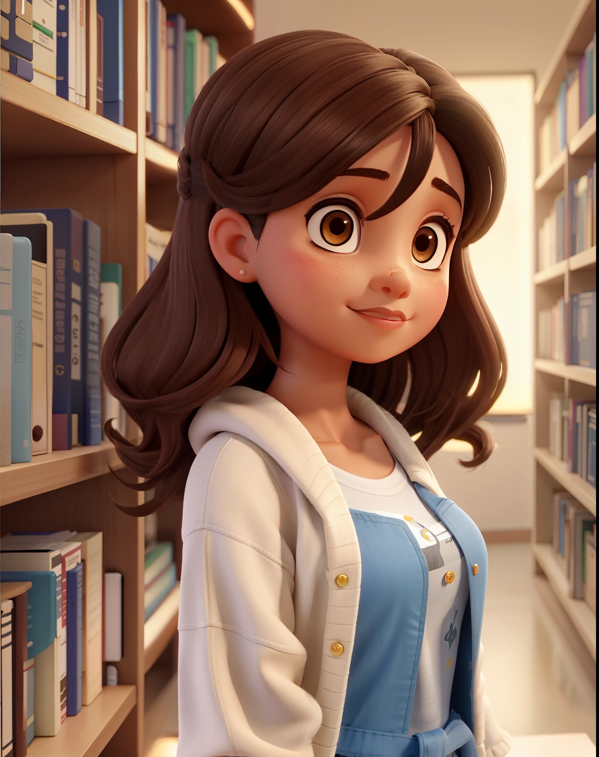 Uma morena, de cabelo castanho escuro liso comprido, rosto arredondado, Brown eyes wise standing in front, illuminated by the light of a lamp, contra o pano de fundo de uma biblioteca e deus olhando