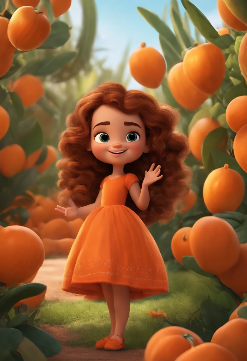 Imagem de um  com vestido laranja ,for a story in a YouTube video in Pixar format, He's the little allabester, She's the leader of the class, She's outgoing, Playful and gets up for a lot of things