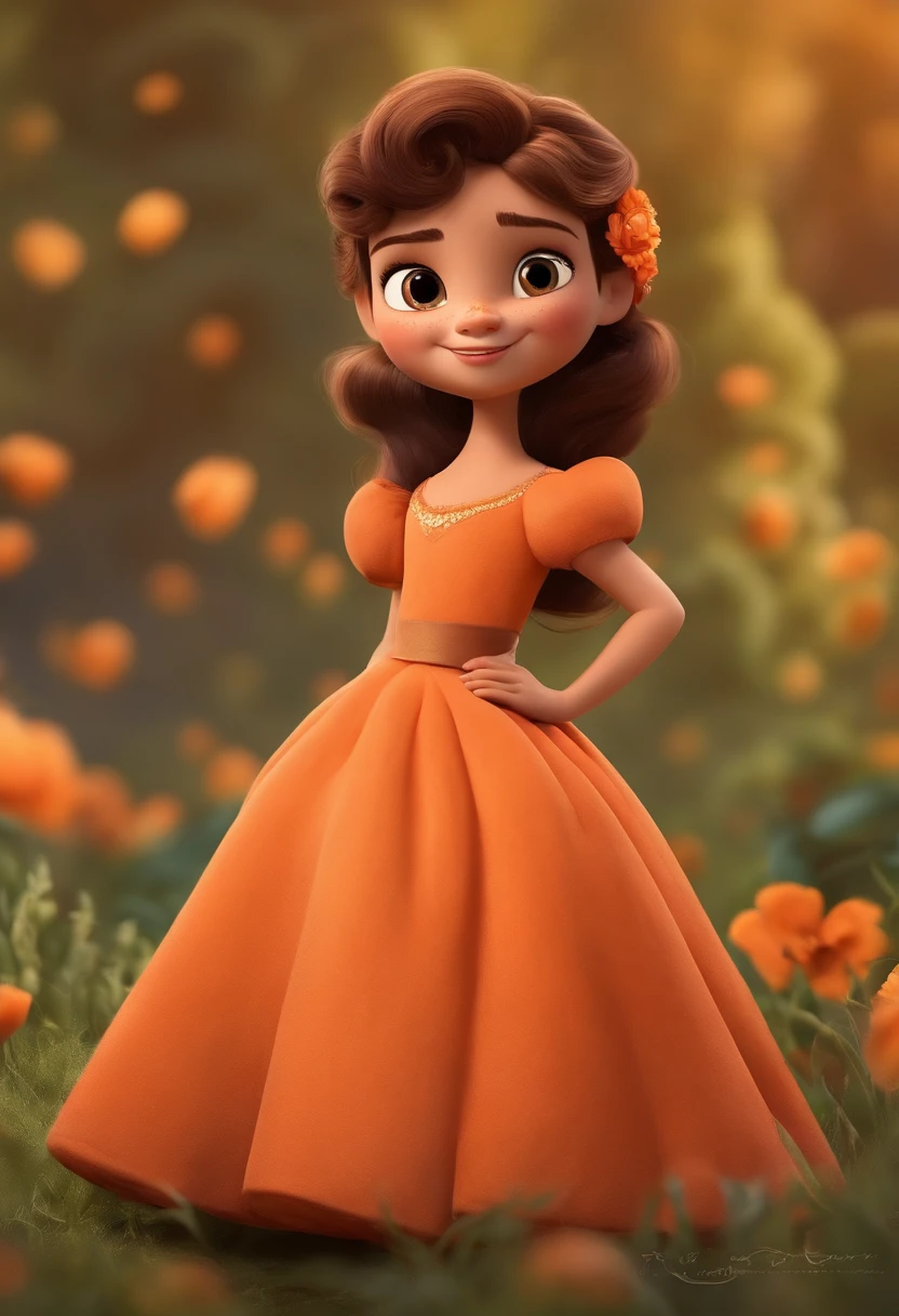 Imagem de um menina com vestido laranja ,for a story in a YouTube video in Pixar format, He's the little allabester, She's the leader of the class, She's outgoing, Playful and gets up for a lot of things