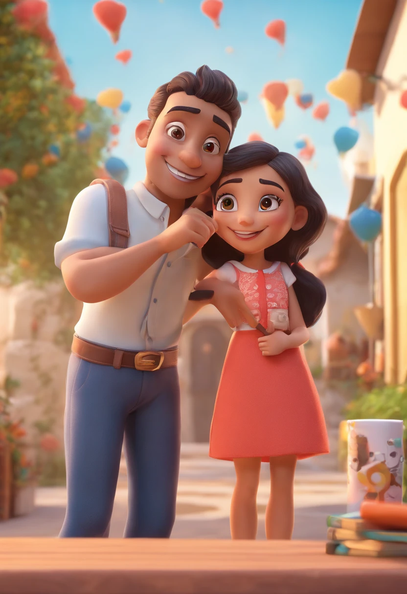 An illustration of an adorable couple, destacando um homem e uma mulher com bonito, Expressive eyes – the man's skin is black and the man's hair is bald and black, while the woman's skin is black and the woman's hair is curly and brown. They are a bright room, cada um com um sorriso no rosto, e compartilhar um momento especial caracterizado pelo amor, arroz, e insights educacionais. Illustrate this scene from a perspective where they are facing away from the camera, Showing Your Connection. Desenvolva esta arte em Full HD, Focus on your cinematic touch, Estilo Disney Pixar Animations