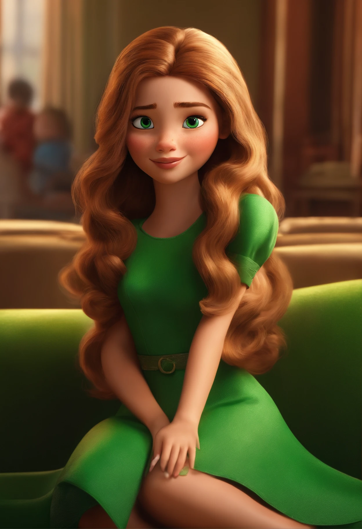 Um filme inspirado na Disney Pixar SOUL  (MENINA BRANCA NOVA COM CABELO LISO LOIRO, BOW IN THE HAIR AND GREEN EYES ) dentro A cena estar na arte distinta do estilo PIXAR