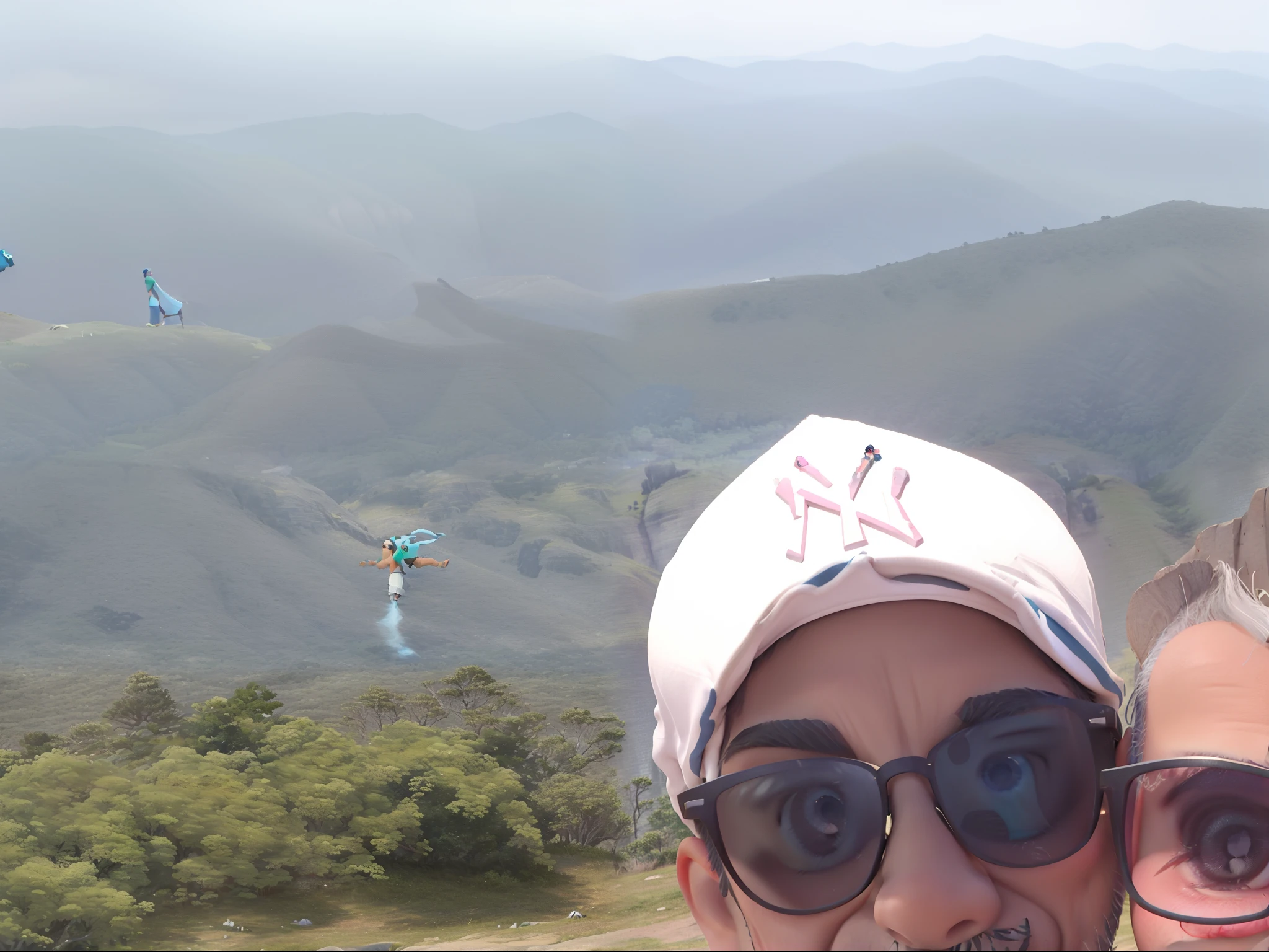 Casal tirando selfie em topo de montanha, With green mountains in the background and blue sky. Indigenous man with gray tuft, sunglasses, com cavanhaque e sem barba, Black T-shirt and drawstring around the neck. Women's White Cap NY Pink Dark Glasses Green T-Shirt.