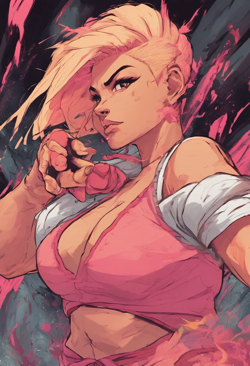 "Uma mulher branca ,peach-colored shaved hair, olhos negros,camiseta cinza velha da banda pintando os cabelos