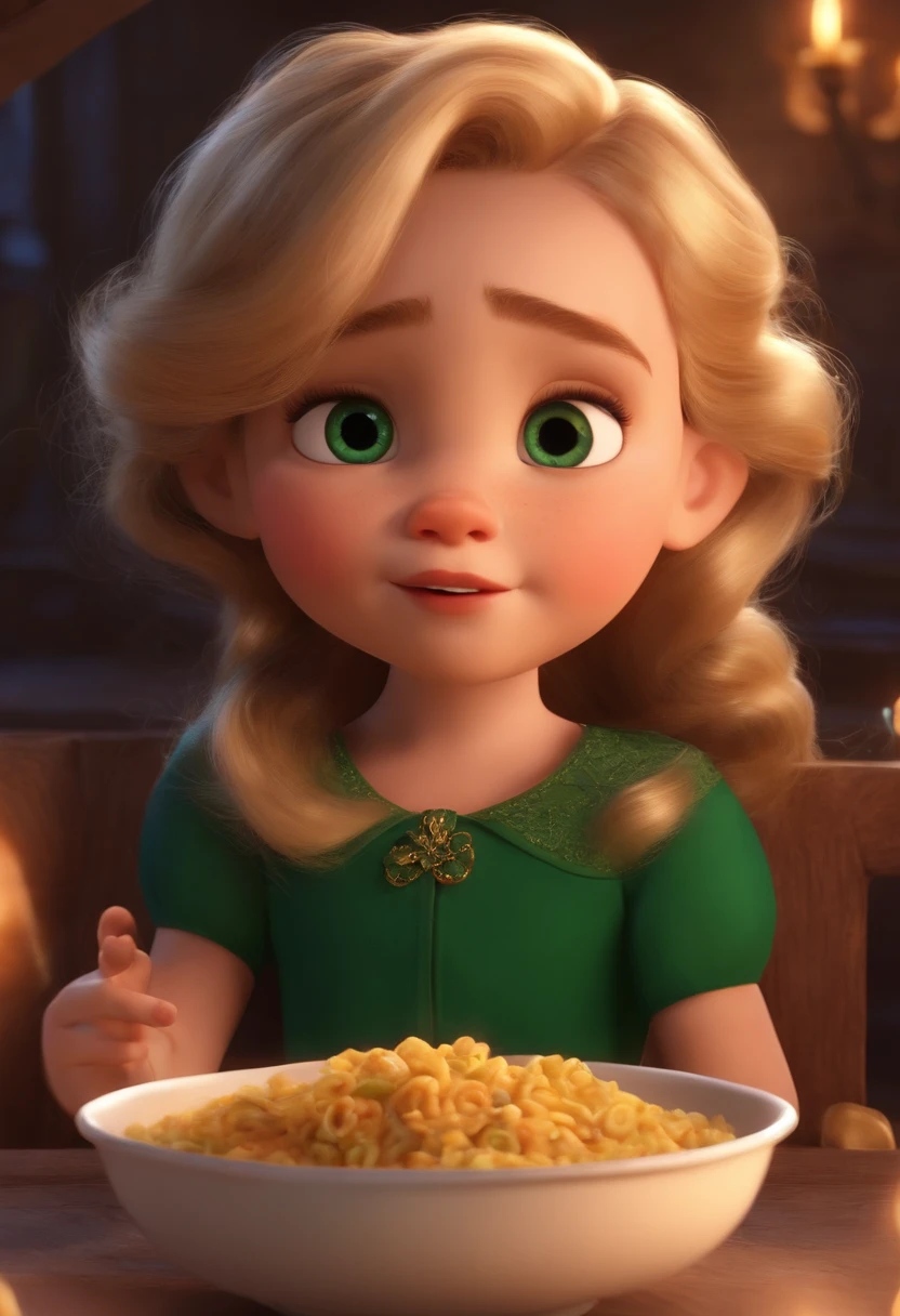 Um filme inspirado na Disney Pixar SOUL (YOUNG WHITE CHILD GIRL WITH BLOND STRAIGHT HAIR, BOW IN THE HAIR AND GREEN EYES ) dentro A cena estar na arte distinta do estilo PIXAR