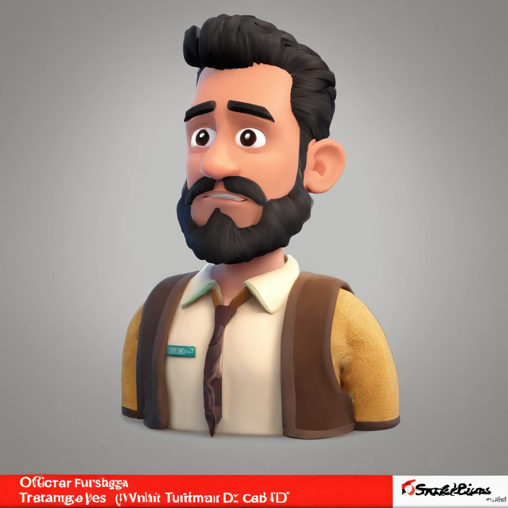 Criar um personagem no estilo Pixar. Trata-se de um homem de 30 anos, com barba, Branco, com cabelos castanhos curtos e um quiff, e olhos castanhos. Ele deve estar na frente de um computador, Trabalhar como designer