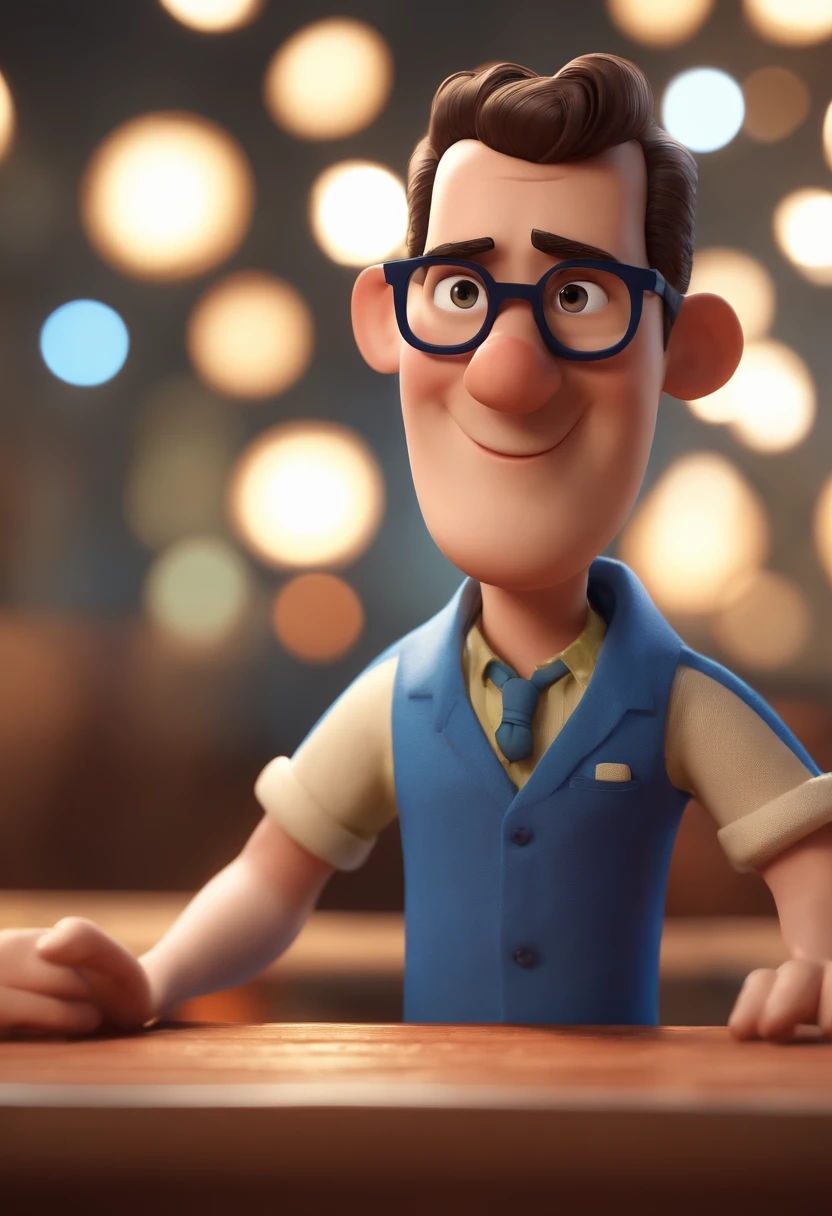 Cartoon character of a man with black glasses and a blue shirt, animation character, Caractere estilizado, animation style rendering, 3D estilizado, Arnold Maya render, 3 d render stylized, toon render keyshot, Personagem 3D, Personagem 3D, 3d rendering stylized, 3 d character render, personagem de desenho animado, Personagem de close up, Pose de personagem,  (Estilo Pixar) (master part:1.2) (Bokeh) (best quality) (pele detalhada) (textura detalhada) (8k) (argila) (Cinematic lighting) (foco nítido