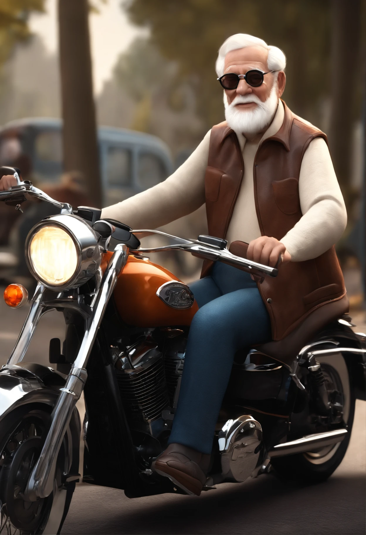 a 3D Disney Pixar style poster of an elderly man with glasses, pilotando uma Harley Davison 883 em um passeio de motocicleta