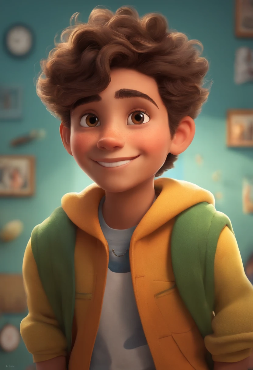 Image of a boy for a story in a YouTube video in Pixar format, He's the class leader, He's outgoing, Playful and gets up for a lot of things, cabelo cacheado, sorrindo, olhos castanhos escuros