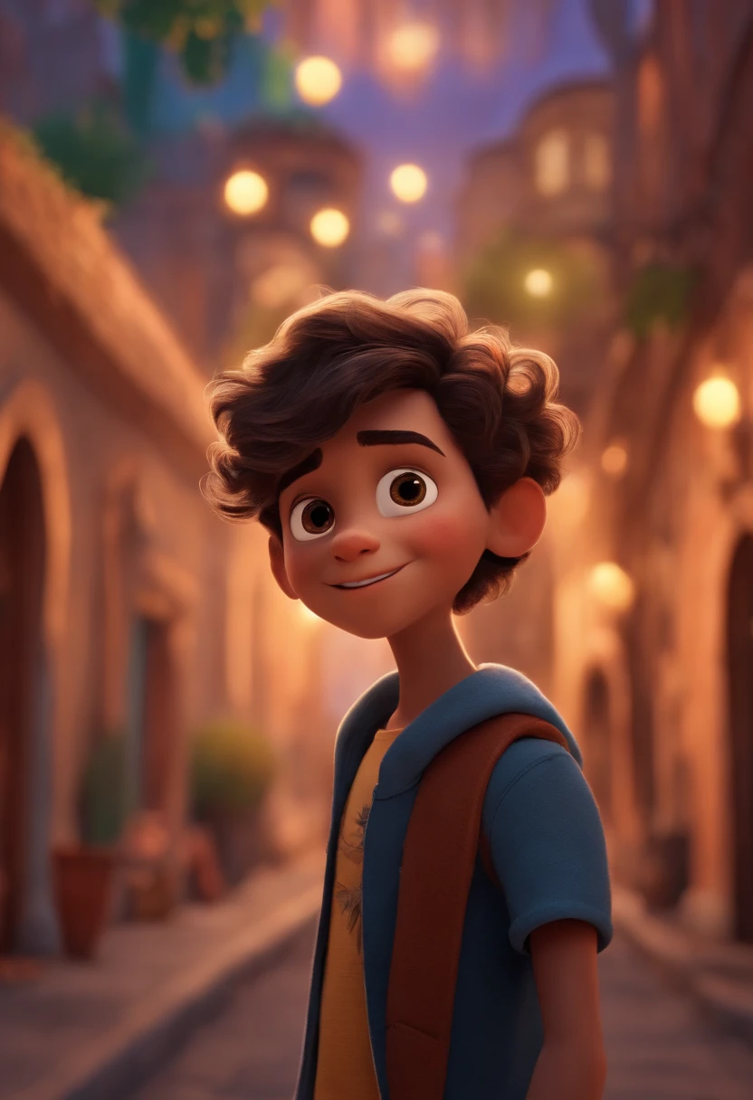 Image of a boy for a story in a YouTube video in Pixar format, He's the class leader, He's outgoing, Playful and gets up for a lot of things, cabelo cacheado, sorrindo, olhos castanhos escuros