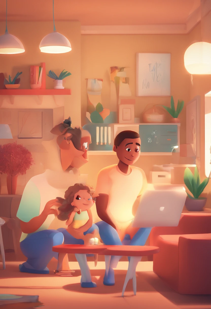 An illustration of an adorable couple, destacando um homem e uma mulher com bonito, Expressive eyes – the man's skin is black and the man's hair is bald and black, while the woman's skin is black and the woman's hair is curly and brown. They are a bright room, cada um com um sorriso no rosto, e compartilhar um momento especial caracterizado pelo amor, arroz, e insights educacionais. Illustrate this scene from a perspective where they are facing away from the camera, Showing Your Connection. Desenvolva esta arte em Full HD, Focus on your cinematic touch, Estilo Disney Pixar Animations