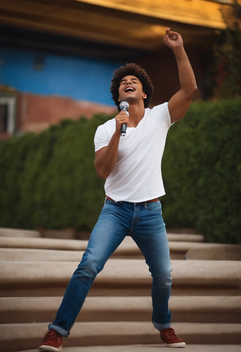 a man using jeans and a white t-shirt and sing a song of high school musical