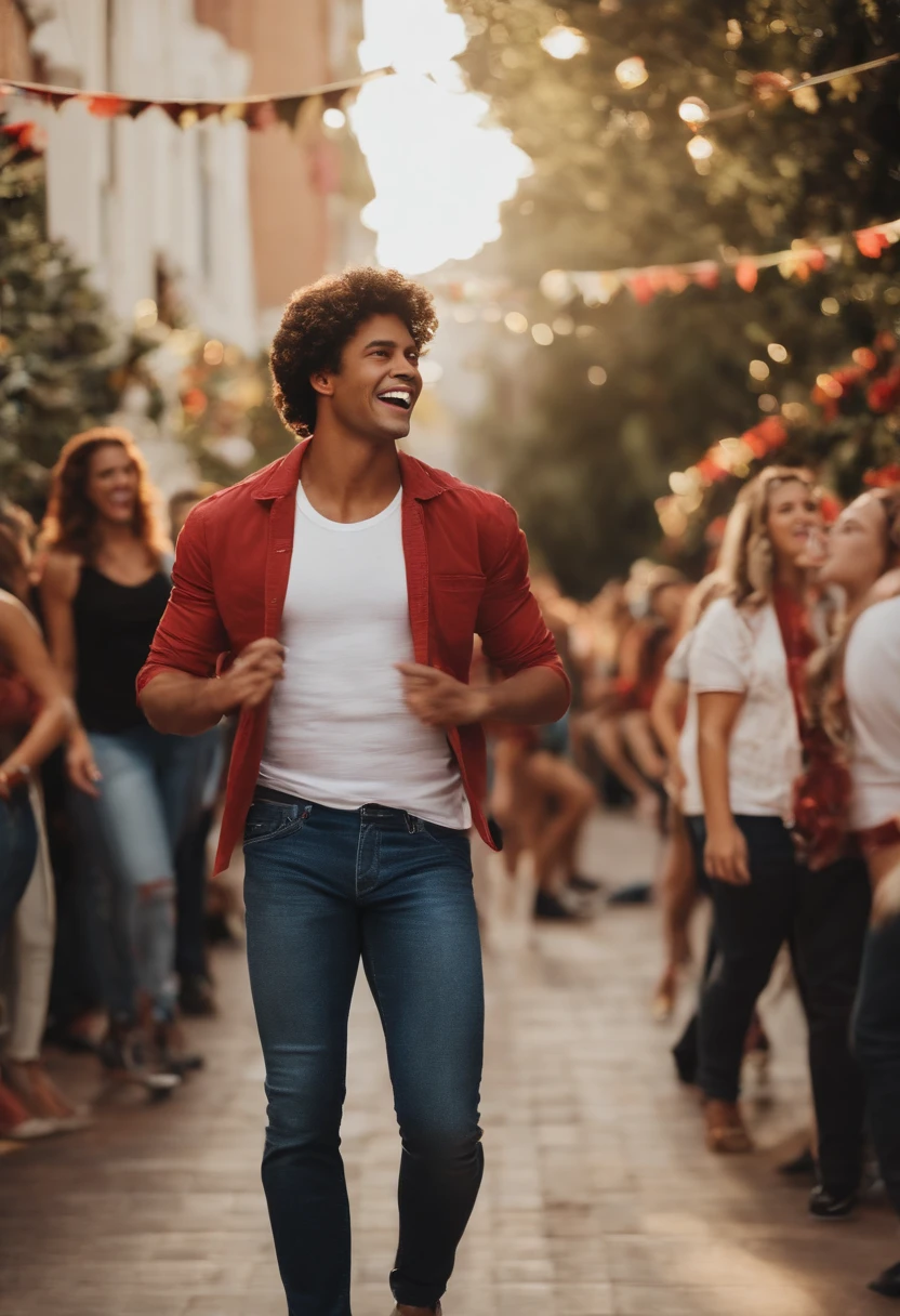 a man using jeans and a white t-shirt and sing a song of high school musical