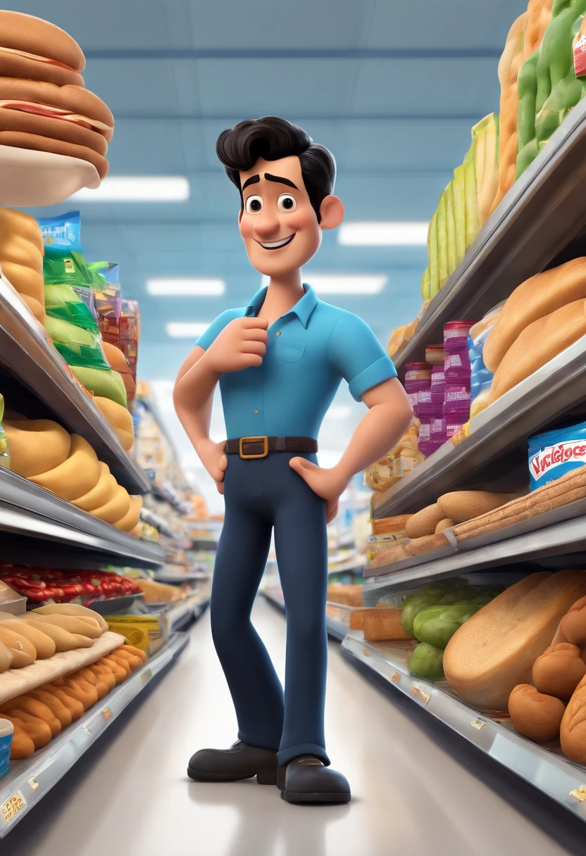 Cartoon character of a man wearing a blue shirt and black pants ,39 years old full lips character 3d style Pixar black hair white wiggles smiling Supermarket background written Superbread, Pose de personagem, (Estilo Pixar)