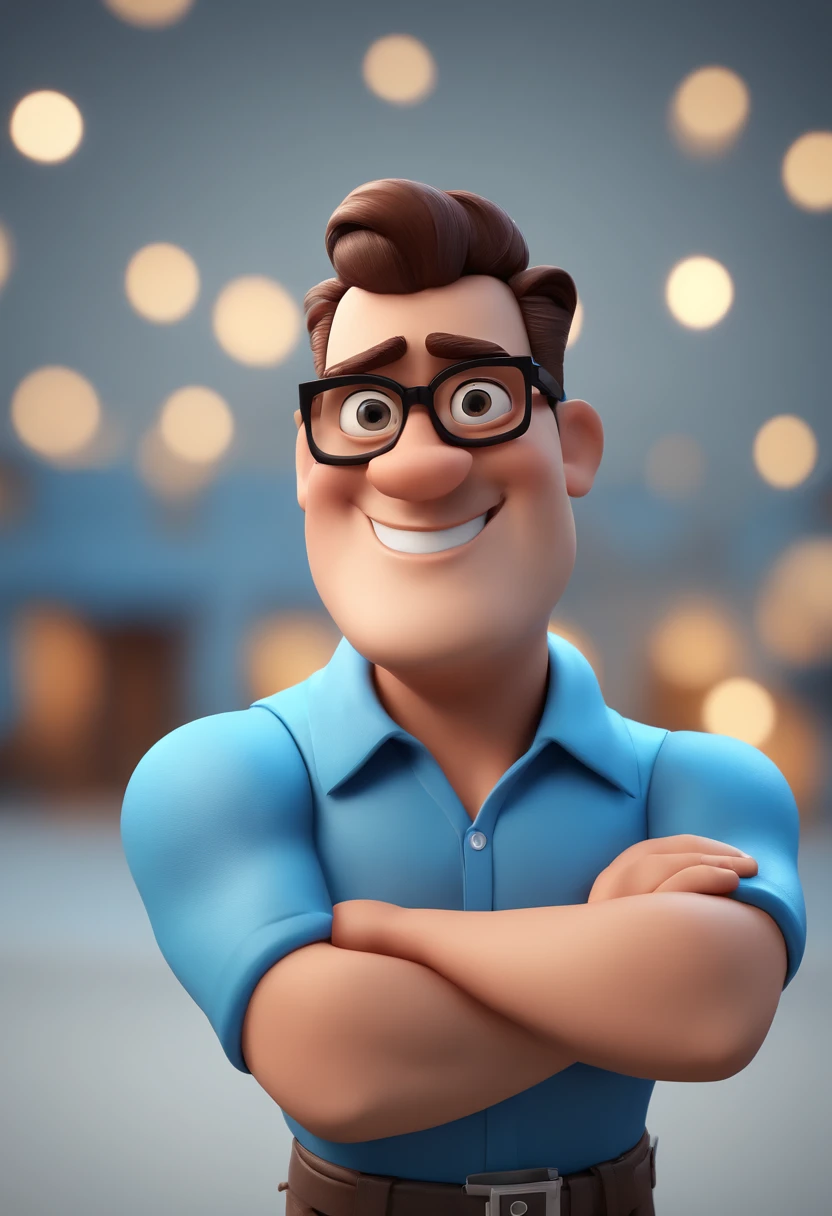 Cartoon character of a man with black glasses and a blue shirt, animation character, Caractere estilizado, animation style rendering, 3D estilizado, Arnold Maya render, 3 d render stylized, toon render keyshot, Personagem 3D, Personagem 3D, 3d rendering stylized, 3 d character render, personagem de desenho animado, Personagem de close up, Pose de personagem,  (Estilo Pixar) (master part:1.2) (Bokeh) (best quality) (pele detalhada) (textura detalhada) (8k) (argila) (Cinematic lighting) (foco nítido