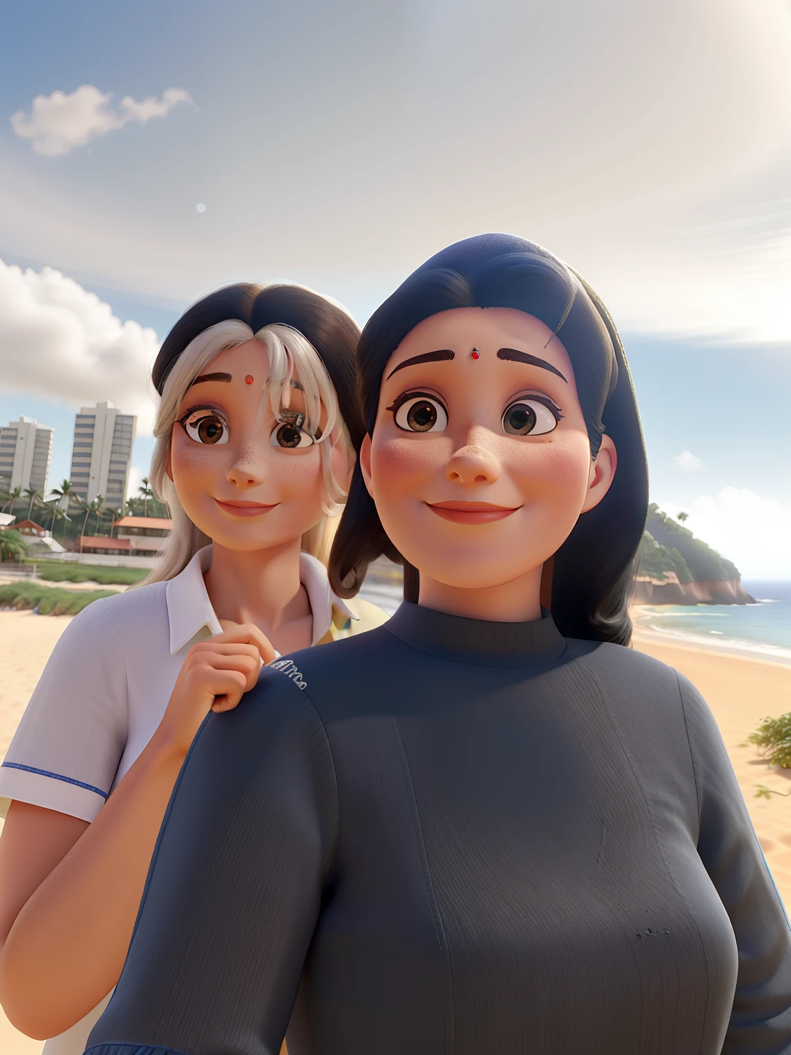 Duas  mulheres de 57 e 38 anos, pele parda, cabelos lisos e pretos, altura mediana, rosto oval, nariz fino, olhos pequenos, no pano de fundo de uma praia