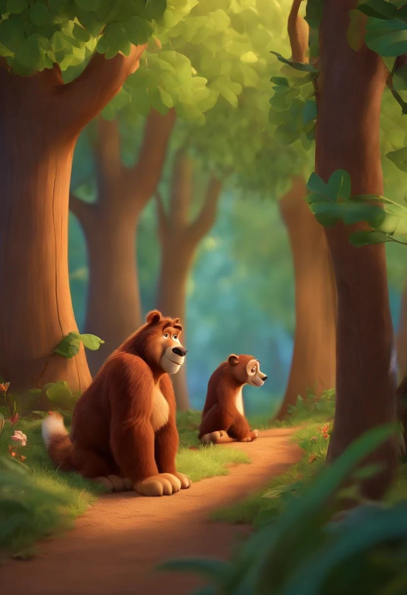 Um filme inspirado na Disney Pixar (TATU COM MOCHILA NA COSTAS AO LADO DO HOMEM VELHO COM CABELOS BRANCOS ) dentro A cena acontece na floresta, TREES WITH VIBRANT COLORS, detalhadas, a arte distinta do estilo PIXAR, descolada e estilosa, Uplighting. 3D-rendering