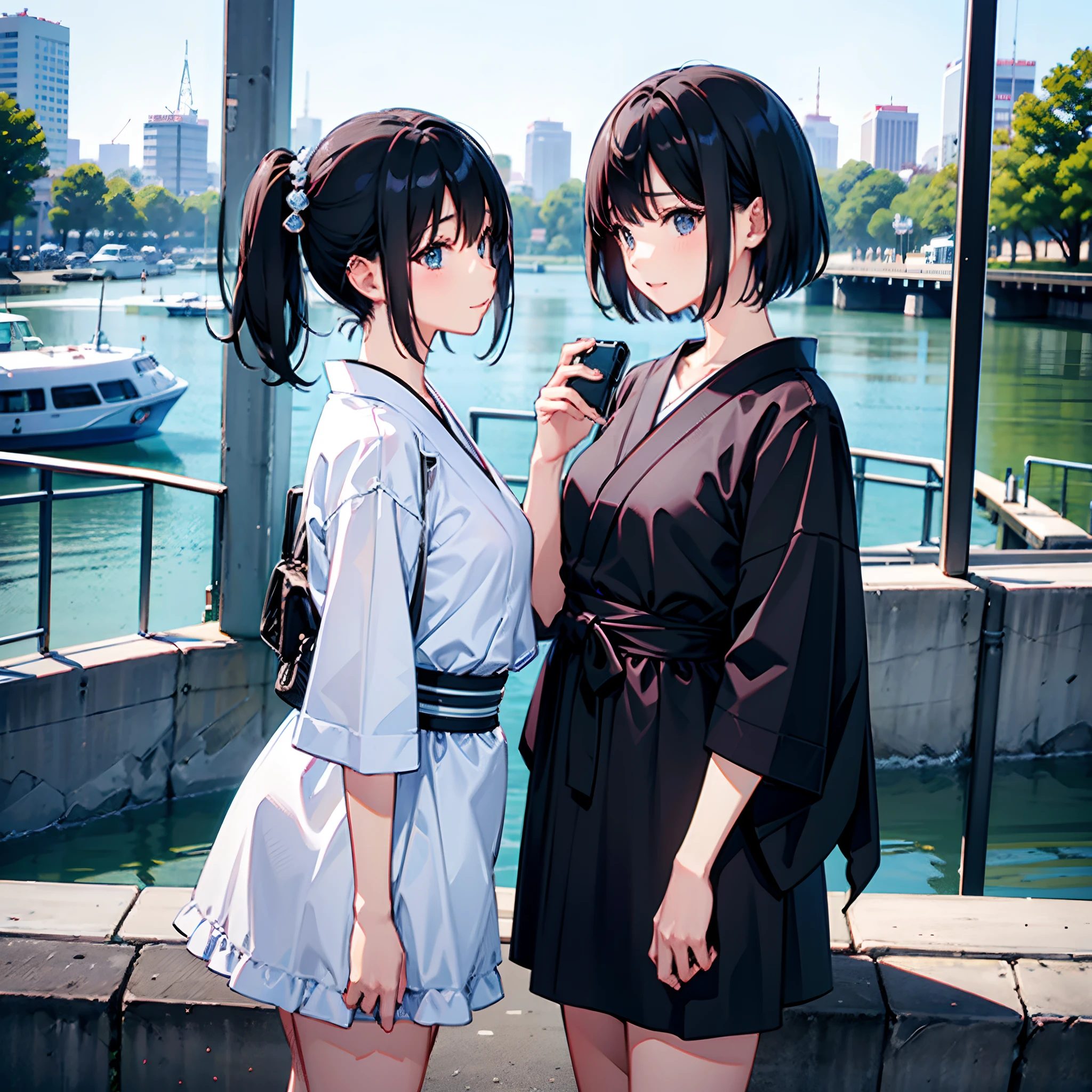 Two Japan women taking photos in a park on the Sumida River in Japan、She was a 27-year-old woman with loose, fluffy short hair and small breasts、One is a 31-year-old woman with small breasts and a dark brown lob...The two are having fun、small tits、Small、discreet breasts、street snap、Adult Women's Plain Clothes、Sheer feeling、Beautuful Women、