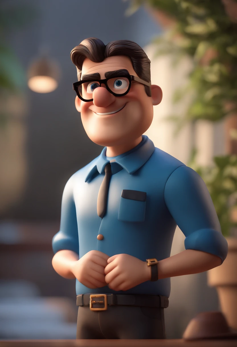 Cartoon character of a man with black glasses and a blue shirt, animation character, Caractere estilizado, animation style rendering, 3D estilizado, Arnold Maya render, 3 d render stylized, toon render keyshot, Personagem 3D, Personagem 3D, 3d rendering stylized, 3 d character render, personagem de desenho animado, Personagem de close up, Pose de personagem, (Estilo Pixar) (master part:1.2) (Bokeh) (best quality) (pele detalhada) (textura detalhada) (8k) (argila) (Cinematic lighting) (foco nítido