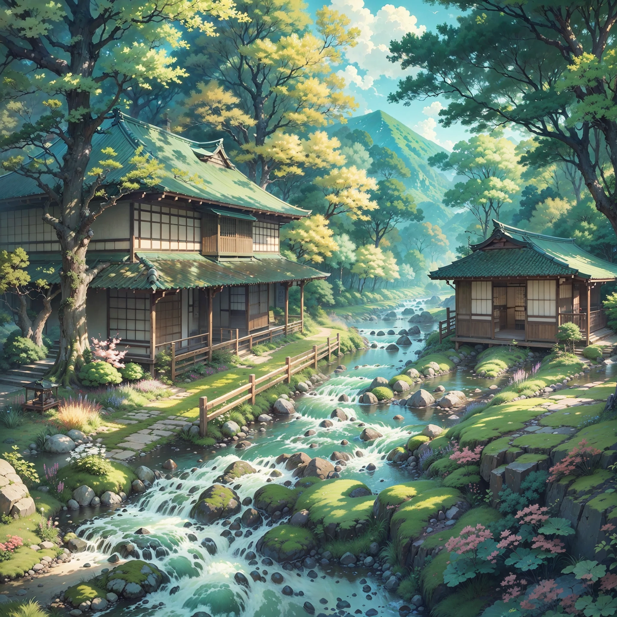 a painting of a stream running through a forest next to a building, beautiful anime scenery, anime scenery, anime background art, anime countryside landscape, anime landscape, beautiful anime scene, anime beautiful peace scene, anime nature wallpap, japanese village, anime nature, anime landscape wallpaper, scenery artwork, anime scenery concept art, anime background, japanese town, japanese art style
