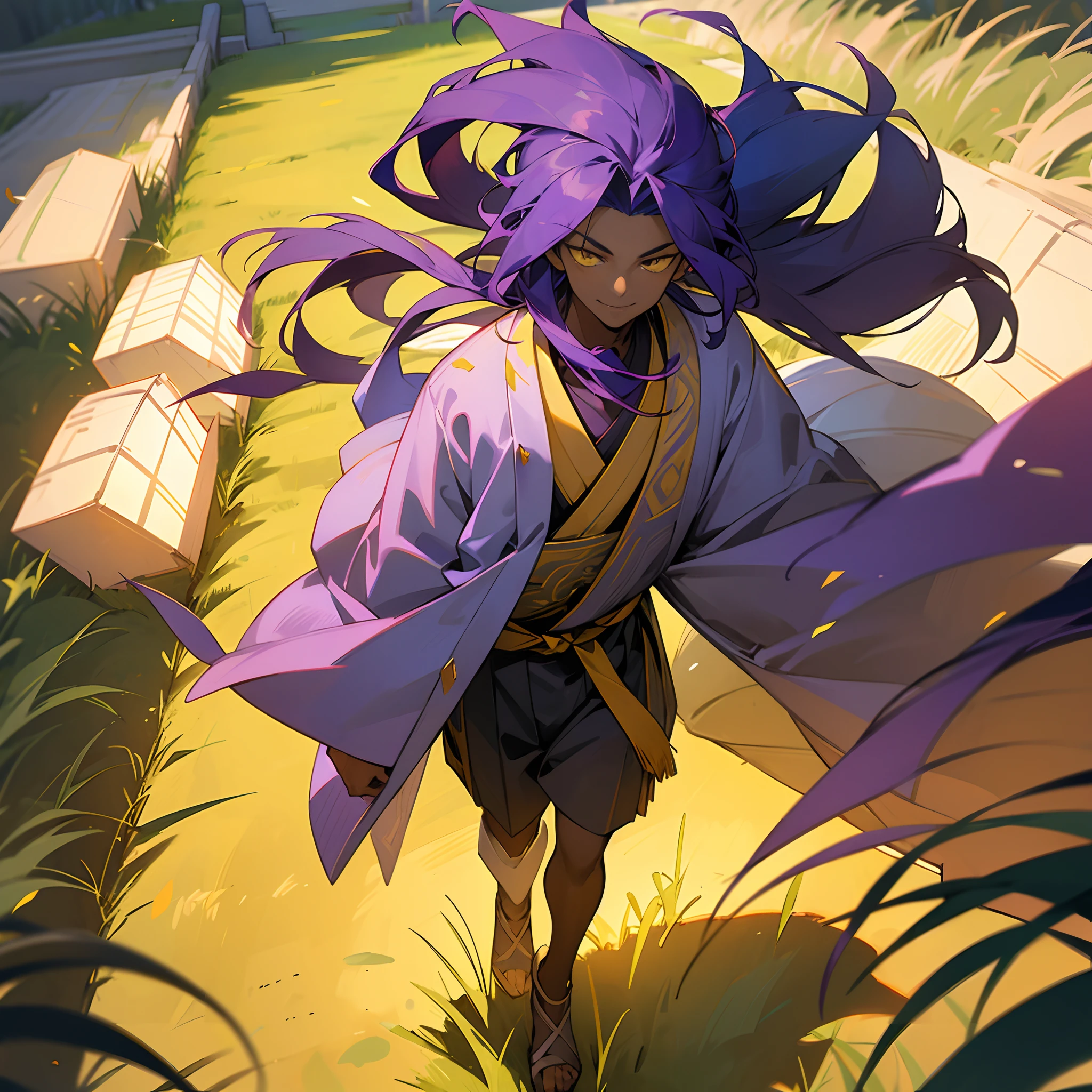 1male, teen, dark skin, messy long purple hair, finely detailed yellow eyes, loose casual yukata, walking down path, grassy fields, lanterns, best lighting and shadows, grin