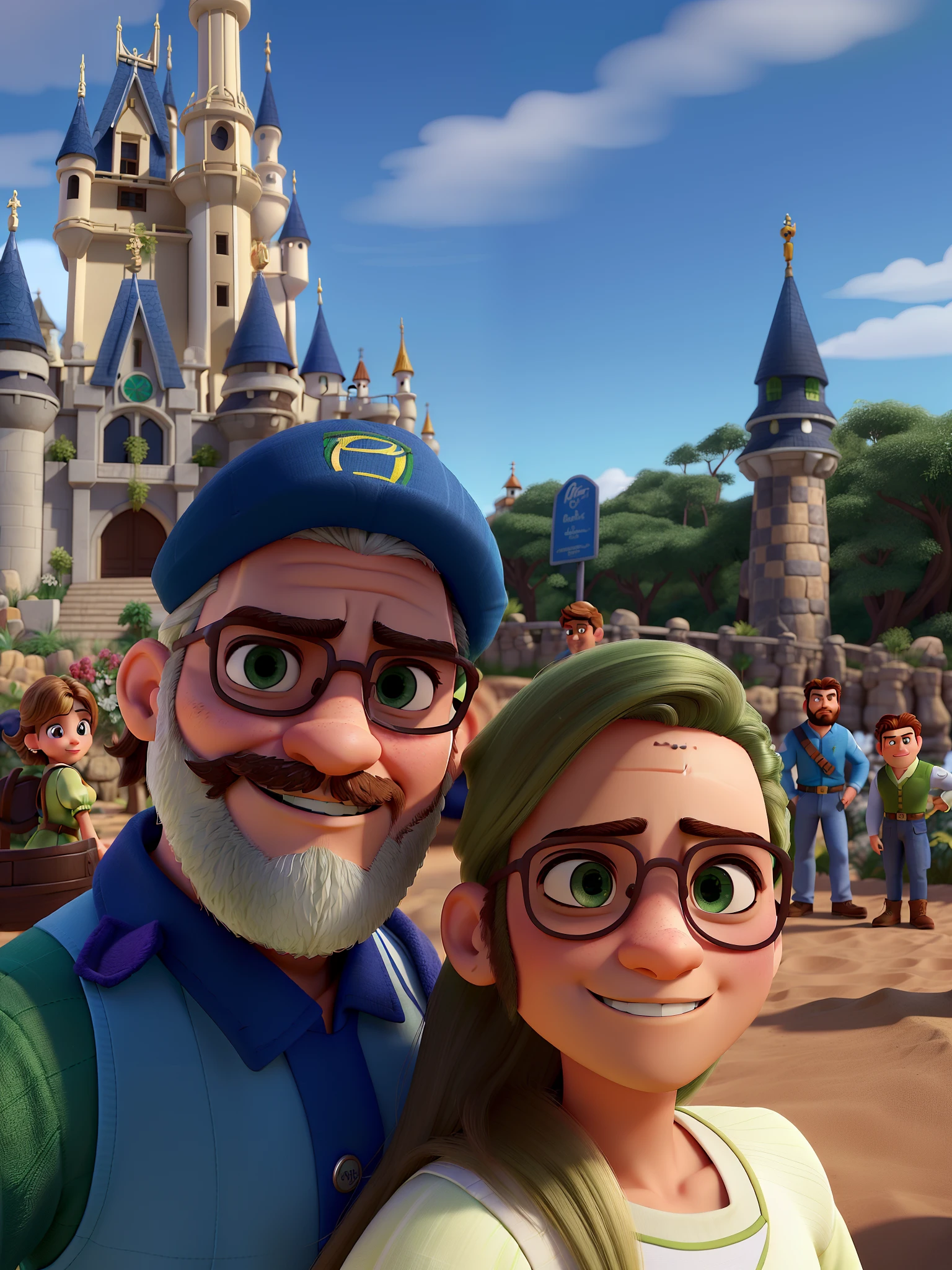 Casal (homem branco com cabelo loiro e olhos verdes, barba loira um pouco branca e mulher branca, com cabelos castanhos e pontas loira) no estilo Disney Pixar, alta qualidade, melhor qualidade.
