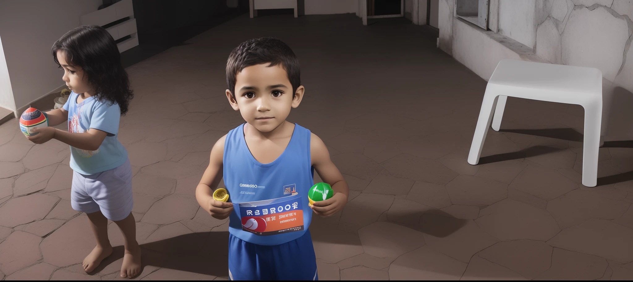 There are two small children standing in a room with a table and chair, cabrito, caio santos, 2 anos, edu souza, mateus 9 5, Directed by: Nandor Soldier, garotinho, bonito, photo taken at night, Directed by: Samuel Silva, thiago lehmann, barnet, quatro anos, Alex, Directed by: Emerson Silva, Reyyan