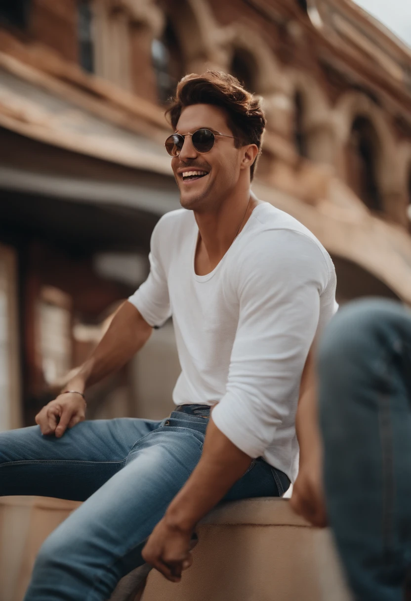 a man using a pair of jeans with a white t-shirt and sing a song of high school musica with a pair of all star  style disney.