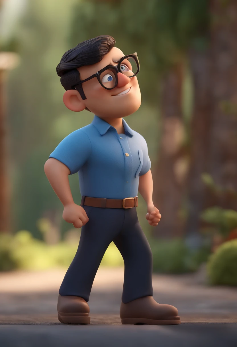 Cartoon character of a man wearing black glasses and a blue shirt, um personagem animado, Caractere estilizado, animation style rendering, 3D estilizado, Arnold Maya render, 3 d render stylized, toon render keyshot, Personagem 3D, Personagem 3D, 3d rendering stylized, 3 d character render, personagem de desenho animado, Personagem de close up, Pose de personagem, (Estilo Pixar) (master part:1.2) (Bokeh) (best quality) (pele detalhada) (textura detalhada) (8k) (argila) (Cinematic lighting) (foco nítido,Senta e vaza a parte superior do corpo