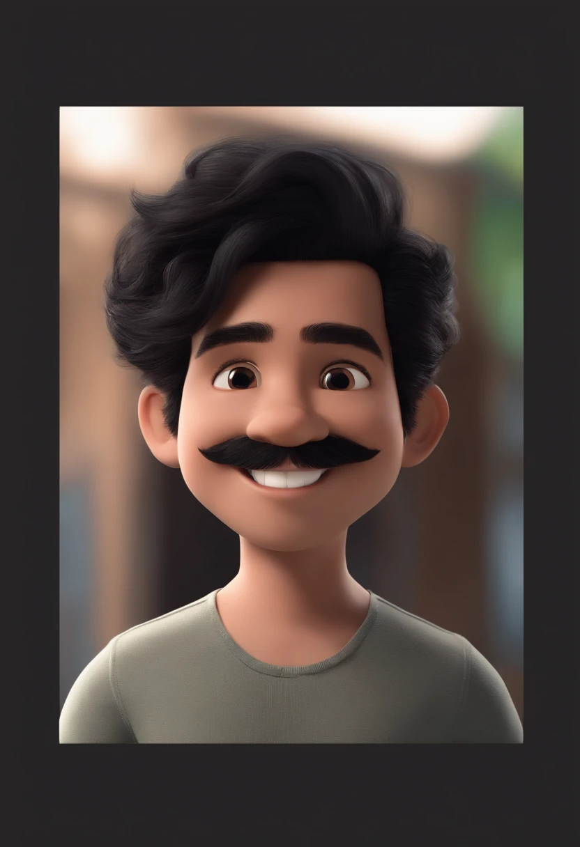 Image of a small man for a story in a YouTube video in Pixar format, com cabelo preto ondulado, slightly Asian eyes and big smile and failed beard