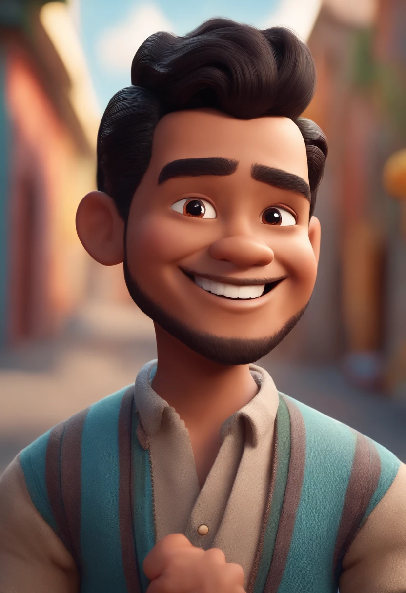 Image of a small man for a story in a YouTube video in Pixar format, com cabelo preto ondulado, slightly Asian eyes and big smile and failed beard