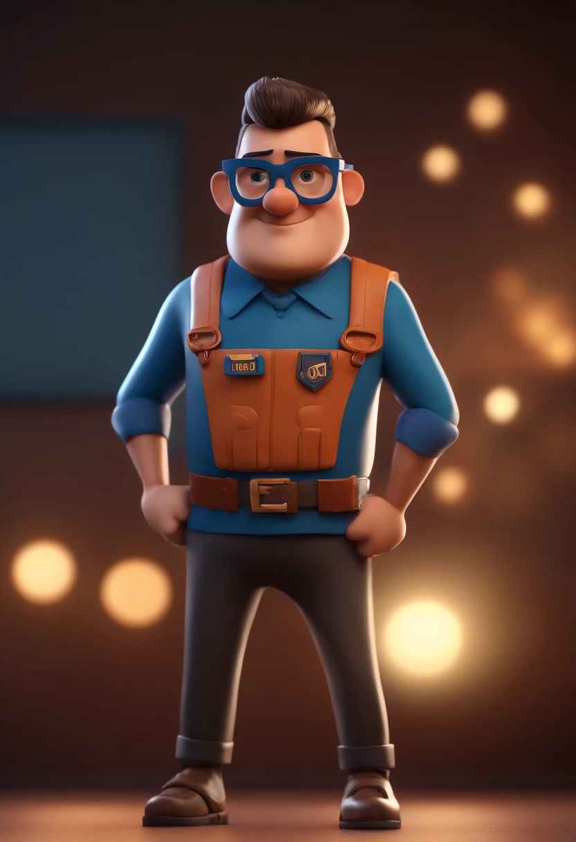 Cartoon character of a man with black glasses and a blue shirt, animation character, Caractere estilizado, animation style rendering, 3D estilizado, Arnold Maya render, 3 d render stylized, toon render keyshot, Personagem 3D, Personagem 3D, 3d rendering stylized, 3 d character render, personagem de desenho animado, Personagem de close up, Pose de personagem,  (Estilo Pixar) (master part:1.2) (Bokeh) (best quality) (pele detalhada) (textura detalhada) (8k) (argila) (Cinematic lighting) (foco nítido