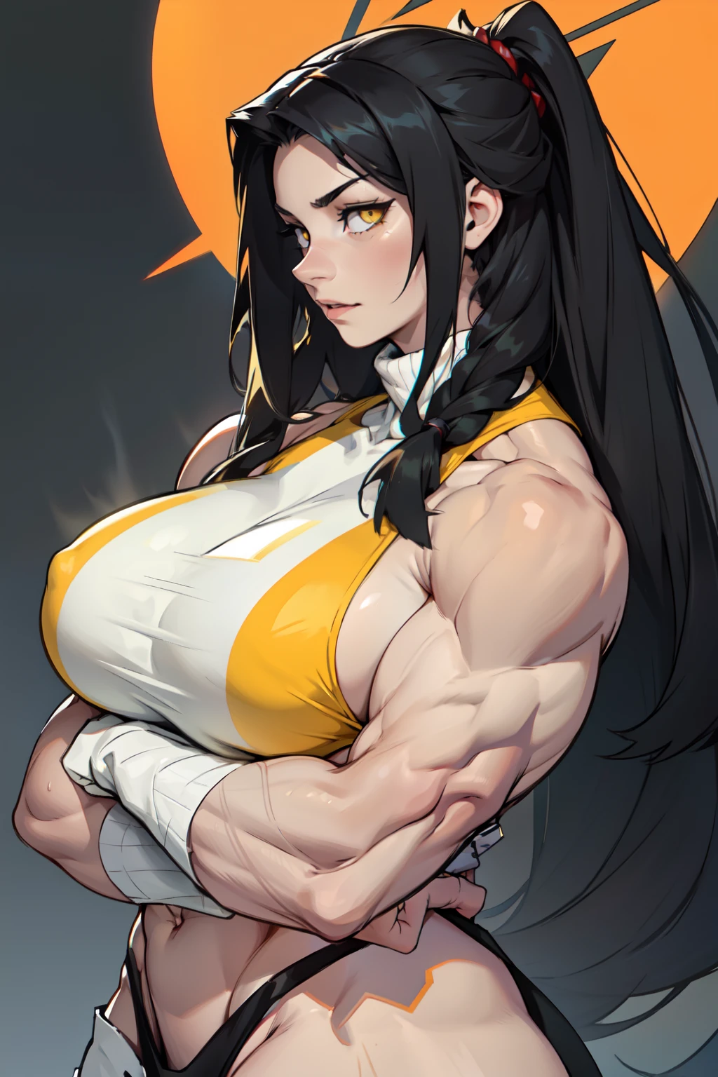 huge breasts pale skin very long hair black hair yellow eyes ((((((1 girl)))))) (((((muscular)))))