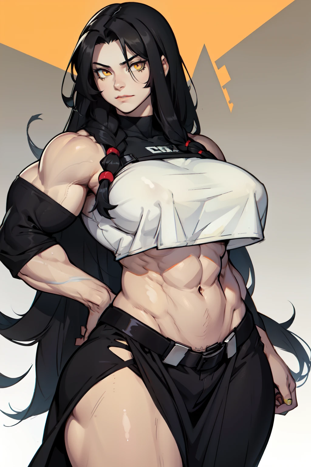 huge breasts pale skin very long hair black hair yellow eyes ((((((1 girl)))))) (((((muscular)))))