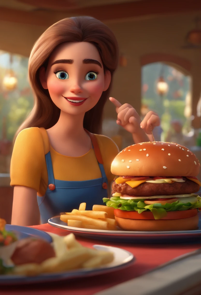 Make a Girl, She's hungry, como Disney Cartoon, She's eating hamburger, Pixar, ..3d, Disney