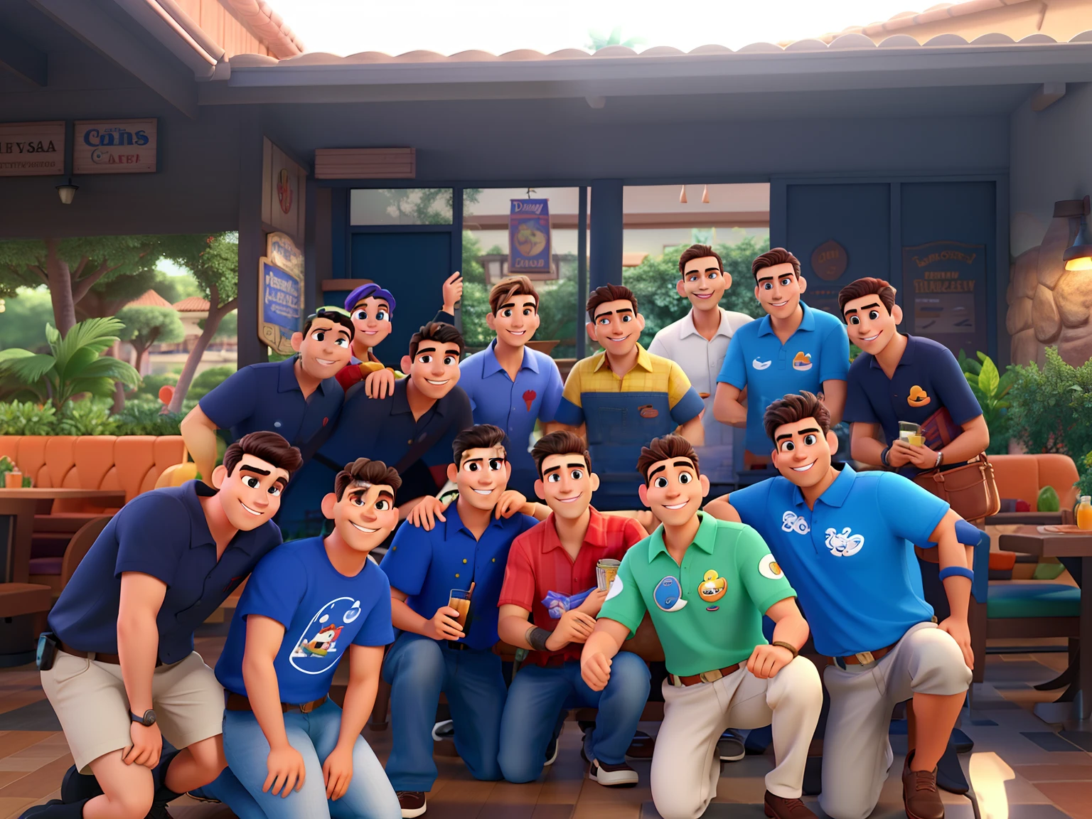 homens em frente a um restaurante estilo disney pixar, alta qualidade, melhor qualidade