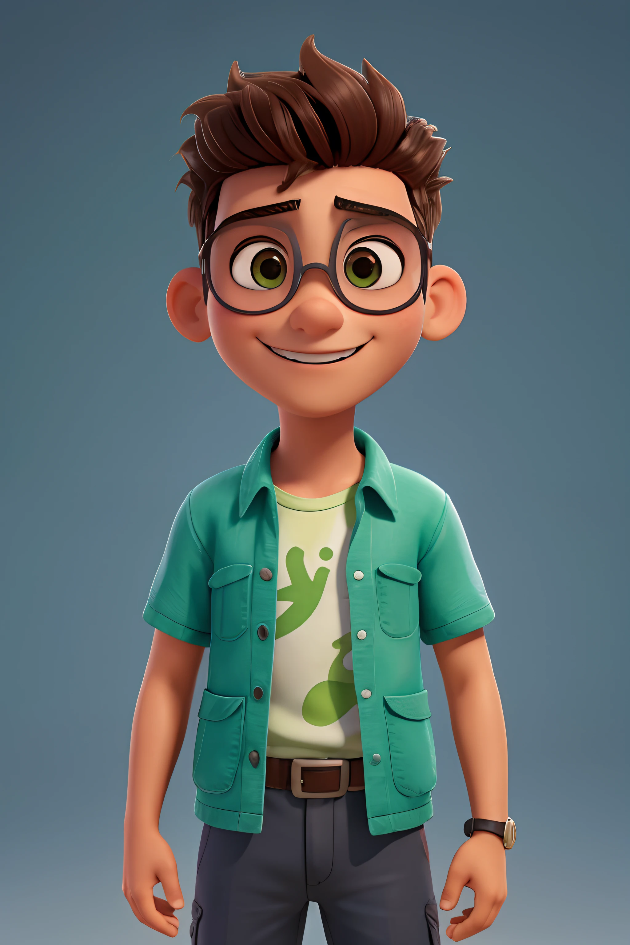 A 3D poster, inspirado pela Pixar, capturando uma cena de um adolescente moreno, 18 anos, de olhos castanhos, wearing goggles, He's very happy and smiling, veste camisa na cor verde e bermuda na cor preta com o nome "Pedro. IA" estampado nela, corpo inteiro, sem barba