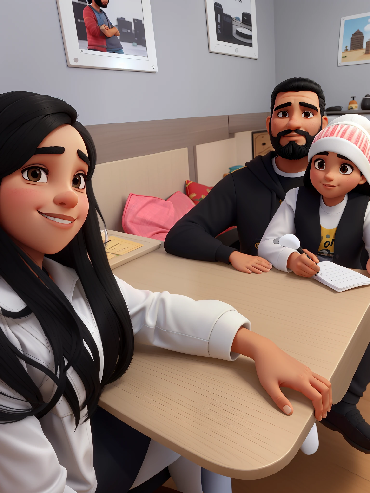 Mulher brasileira, cabelo preto. White arab father with beard and short black hair, com filha de 7 anos sentada no colo, cabelos longos e preto e segurando um spiz alemao filhote branco