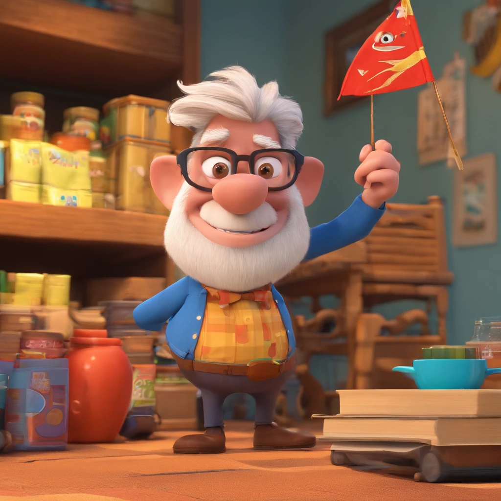 Crie um cartaz inspirado na Disney Pixar com o personagem sendo o deputado Keniston Braga, A white-haired man wearing glasses, the scene will be in Pixar's distinctive digital art style. Focus on character expressions, Vibrant colors and detailed textures present your animations, with the title " Keniston Braga no meio, Quero a cena dos principais filmes do PIXar