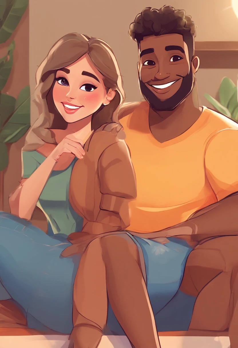 An illustration of an adorable couple, Highlight for a chubby mulatto man with a smile and a white woman with beautiful expressive eyes - the man's skin is mulatto and the man's hair short and black, while the woman's skin is white and the woman's hair is straight and brown. They are a bright room, cada um com um sorriso no rosto, e compartilhar um momento especial caracterizado pelo amor, Insights. Homem usando camiseta preta e corrente fina. Mulher usando regata preta e piercing no nariz. Illustrate this scene from a perspective where they are facing the camera, Smiling and Showing Your Connection. Desenvolva esta arte em Full HD, Focus on your cinematic touch, Estilo Disney Pixar Animations