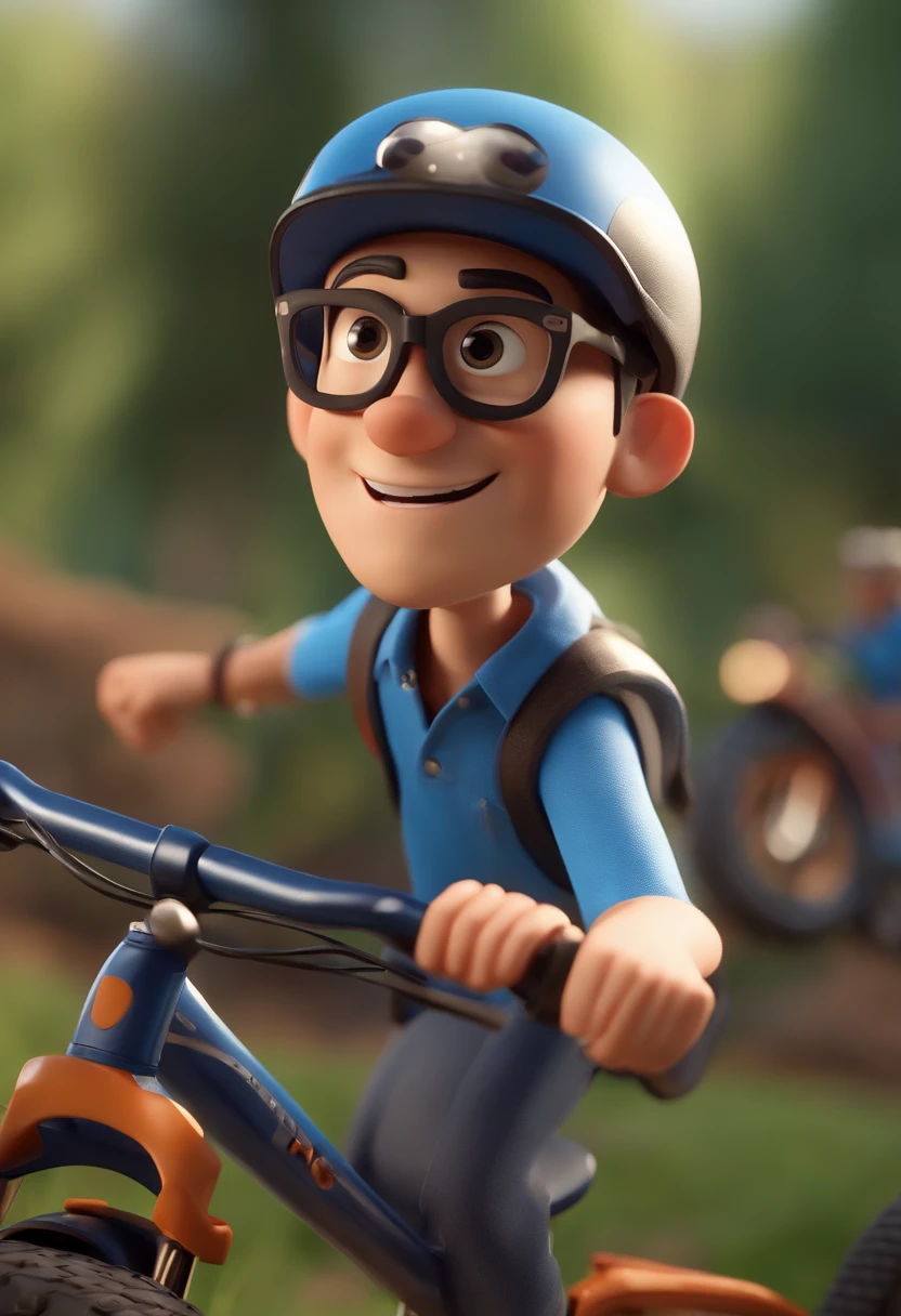 Cartoon character of a man with black glasses and little hair in a blue shirt, animation character, Caractere estilizado, animation style rendering, 3D estilizado, Arnold Maya render, 3 d render stylized, toon render keyshot, Personagem 3D, Personagem 3D, 3d rendering stylized, 3 d character render, personagem de desenho animado, Personagem de close up, Pose de personagem, (Estilo Pixar) (master part:1.2) (Bokeh) (best quality) (pele detalhada) (textura detalhada) (8k) (argila) (Cinematic lighting) (Sharp focus: he's on top of an Enduro bike speeding through the field