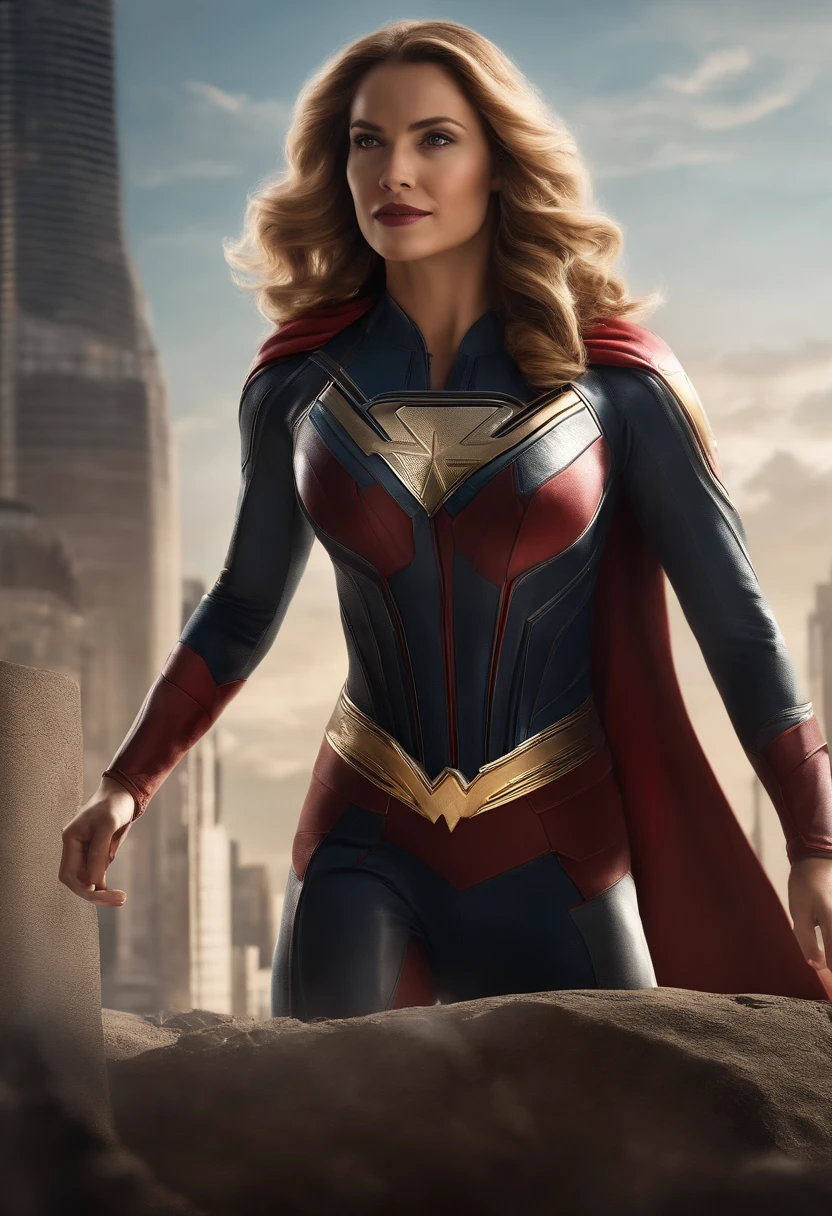 Create a realistic illustration of a unique and powerful superheroine. It should be inspiring and represent strength, courage and determination. Imagine a character with extraordinary abilities and a distinctive costume with two "s" como simbolo que reflete sua personalidade e poderes. Detail the appearance of the superheroine, com cabelos claros, olhos castanhos claros, A confident smile and cheerful expression. Levante-a na frente, destacando sua postura heroica. No fundo, Create a scenario that represents an advanced Internet technology environment. It could be a high-tech lab or a modern cityscape. Be sure to incorporate elements that highlight the scene of detail to convey the idea that this superheroine is ready to take on challenges in a technology-driven virtual world. A paleta de cores deve ser vibrante e futurista, adding a touch of modernity to the presence of IT technology, Like a futuristic office, holograms or innovative technological devices. compositing. Emphasis on the interaction between the superheroine and the technological environment around her, creating a captivating visual narrative that underscores their heroic mission in this modern context.