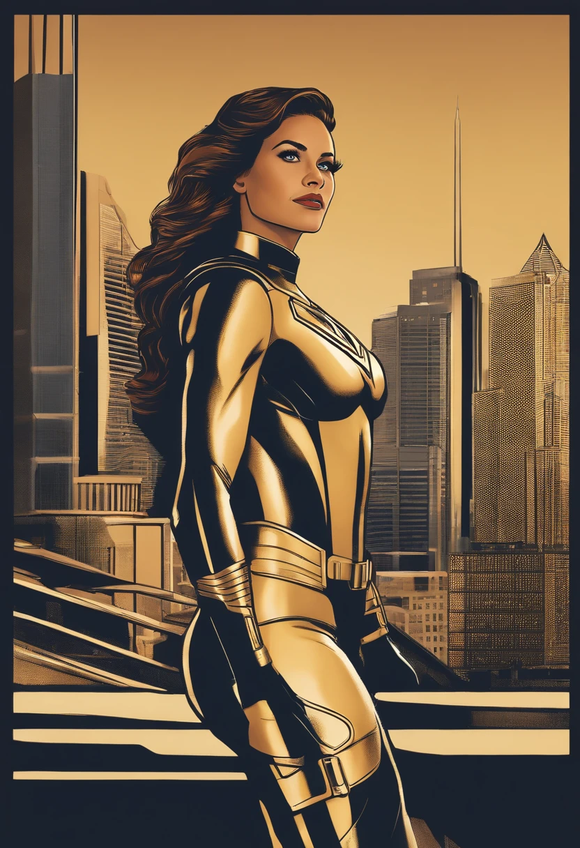 Create a realistic illustration of a unique and powerful superheroine. It should be inspiring and represent strength, courage and determination. Imagine a character with extraordinary abilities and a distinctive costume with two "s" como simbolo que reflete sua personalidade e poderes. Detail the appearance of the superheroine, com cabelos claros, olhos castanhos claros, A confident smile and cheerful expression. Levante-a na frente, destacando sua postura heroica. No fundo, Create a scenario that represents an advanced Internet technology environment. It could be a high-tech lab or a modern cityscape. Be sure to incorporate elements that highlight the scene of detail to convey the idea that this superheroine is ready to take on challenges in a technology-driven virtual world. A paleta de cores deve ser vibrante e futurista, adding a touch of modernity to the presence of IT technology, Like a futuristic office, holograms or innovative technological devices. compositing. Emphasis on the interaction between the superheroine and the technological environment around her, creating a captivating visual narrative that underscores their heroic mission in this modern context.