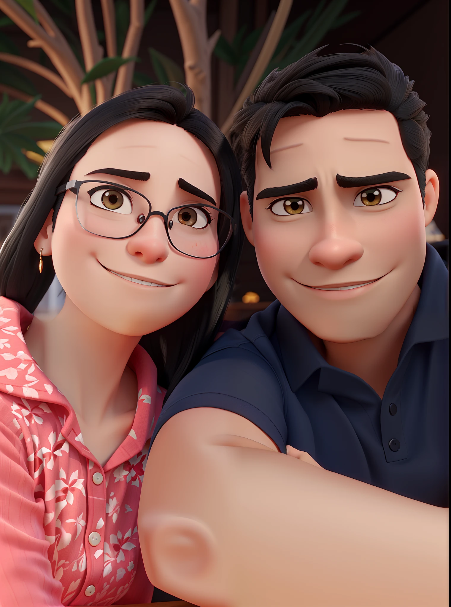 Couple man with straight black hair without glasses, Woman with glasses without earrings in Disney Pixar style, alta qualidade, melhor qualidade
