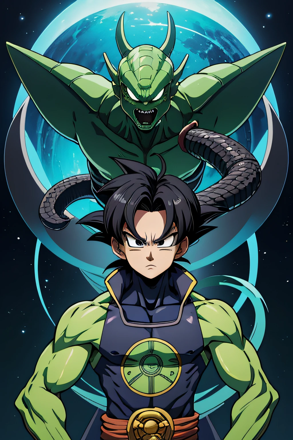 An alien humanoid snake villain, personagem estilo anime, como um Personagem de anime, estilo anime masculino, Personagem de anime, inspirado em Dragon Ball, arte por Akira toryama